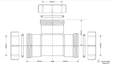 Preview: Technische Zeichnung eines T-Stücks Ø50 mm mit 3 Überwurfmuttern und Dichtungen für Rohrverbindungen